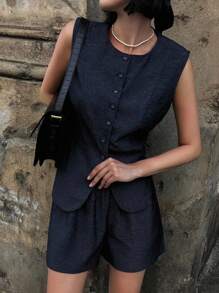 DAZY 2pcs Women Solid Color Round Neck Front Button Sleeveless Top And Shorts Set - Navy Blue - View 1
