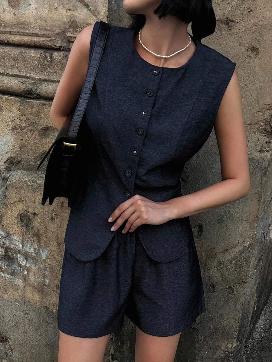 DAZY 2pcs Women Solid Color Round Neck Front Button Sleeveless Top And Shorts Set - Navy Blue - View 1