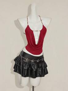 SHEIN ICON Women's Red Beaded Spaghetti Strap Backless Sexy Camisole - Burgundy - View 4