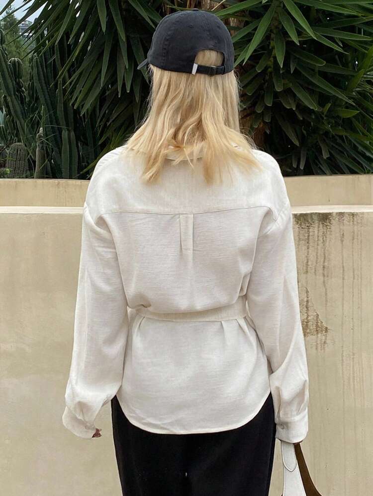 Women's Solid Color Fitted Oblique Lapel Tie Long Sleeve Casual Vintage Blouse Shirt, Autumn