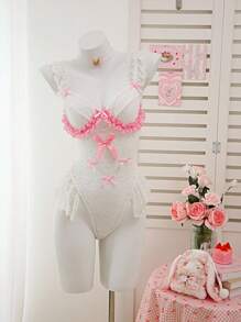 SHEIN 2pcs/Set Women's Sexy Lace Ruffle Hem Bodysuit With Underwire - White - View 6