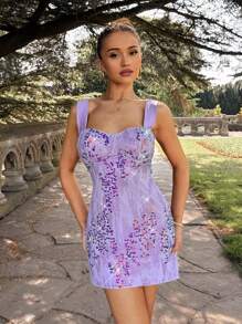 Glamine 彩虹色亮片系带露背优雅女式连衣裙 - 淡紫色 - 查看 5