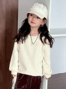 Dazy Kids 女童圆领针织抓绒卫衣，秋冬季 - 米色 - 查看 6