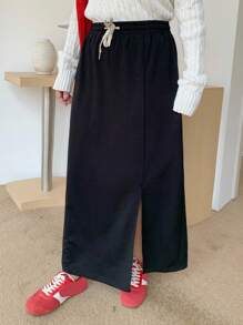 Dazy Plus 松紧腰抽绳系带直筒开衩针织百搭大码女式半身裙秋季半身裙 - 黑色 - 查看 5