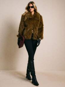Poéselle 淑女气质合成皮草高端百搭翻领长袖短款外套 - 銅色 - 查看 7