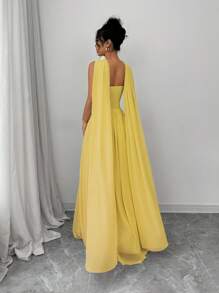 Elenzga 1 chiếc váy yếm màu trơn cho nữ có chi tiết xếp ly, váy dài không tay thanh lịch, trang phục maxi cho nữ - Màu vàng - Xem 2