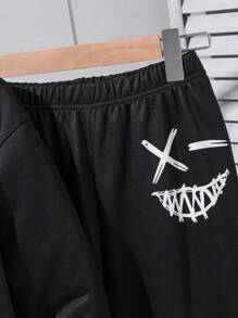 Tween Boys Funny Smiling Face Print Hoodie Set, Suitable For Street Wear And Theme Parties Chic Outfits For Autumn/Winter Fall