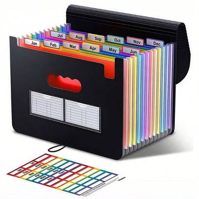 Accordion File Manager, 12/24/36 Pocket Extension Folder, Portable Monthly Paper Bill Tax Receipt Manager, A4 Letter Size File Holder With Blank Label, Color Label, A4 Letter Size.
