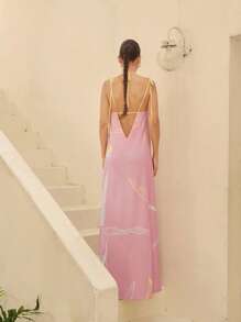 Sunsella Print Tie Spaghetti Straps A Line Maxi Dress Summer Women Vacation Holiday Outfit - Multicolor - View 3