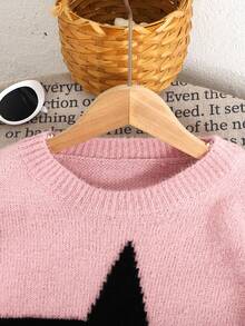 Tween Girl Star Pattern Round Neck Drop Shoulder Sweater,Pink And Black,Autumn,Casual,School,Back-To-School Fall/Winter Pink Sweater For Girls Tweens - Dusty Pink - View 4