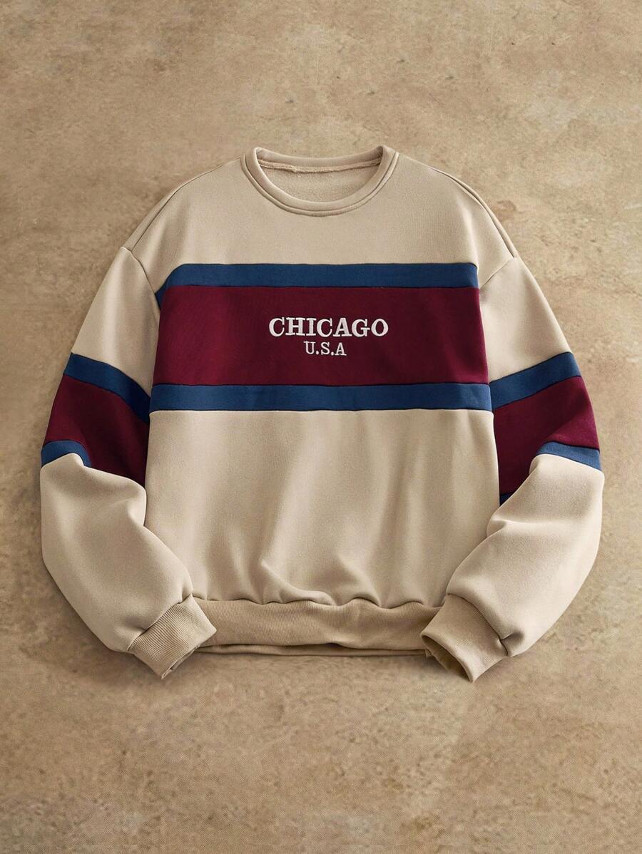 Manfinity NXTstreet Men's Casual Patchwork Letter Embroidered Round Neck Pullover Suitable For Daily Use, For Fall Winter - Multicolor - View 1