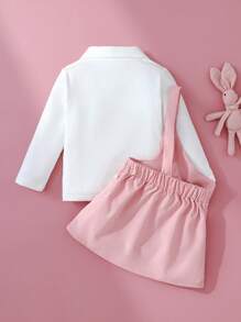 SHEIN 2 件套女童夏季服装，幼儿女婴短袖 Polo 领上衣 + 可爱兔子吊带裙 - 粉色 - 查看 3