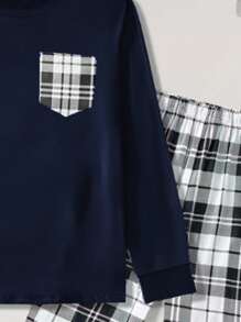 SHEIN Playful Pals 2pcs/Set Young Boy Casual Plaid Loose Fit Long Sleeve Outfit, Autumn Boys Pajama Set Boys Lounge Set Boys 2 Piece Long Sleeve Set Boys Sleepwear Navy Blue Plaid Pajama Set Boys Fall Winter - Navy Blue - View 3