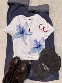 Attitoon Áo thun nữ cổ tròn tay ngắn họa tiết hoa màu xanh, phù hợp cho mùa hè - trắng - Xem 2