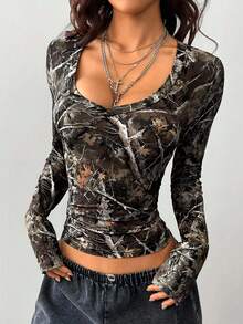 Coolane Women's Fall/Winter Streetwear Going Out Y2K Streetwear Tree Branch Pattern Graphics Bustier Long Sleeve V-Neck T-Shirt - Multicolor - View 6