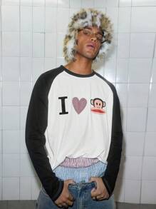 ROMWE MEN Paul Frank X ROMWE Men Rhinestone Detail Letter Cartoon Pattern Contrast Raglan Long Sleeve T-Shirt, Fall, 2000s Style