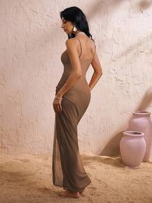 Swim Oasis 2件套女士夏季纯色吊带海星装饰长裙高衩连体泳衣套装 - 棕色 - 查看 4