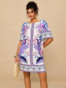 Travachic Plus Size Women Tropical Bohemian Print Loose Fit Round Neck Short Sleeve Casual Dress, Suitable For Autumn,Holiday Outfits For Women - Mauve Purple - View 7