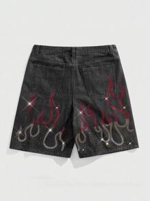 ROMWE MEN Street Life Men's Colorful Diamond Flame Pattern Denim Shorts - Grey - View 2