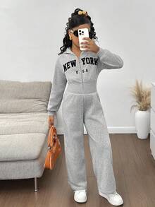 SHEIN Tween Girl Fashion Minimalist Solid Color Hooded Zip-Up Printed Letter Sweatshirt & High Waist Loose Straight Leg Pants Set Sweatsuit Set Girls Tween Girl Sweatsuit Girls 2 Piece Sweatsuit Teen Sweatsuit 2 Piece Sweatsuit Girls Girls Sweatsuit Fall Winter Sweatshirt Straight Pants Suit Tween Girl Hoodie And Pants Pre Teen Girls Teen 3pc Sweat Suit - Grey - View 4