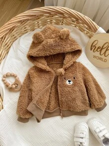 SHEIN Newborn Baby Girl Cute Brown Fuzzy Hooded Casual Jacket, Suitable For Autumn/Winter Baby Bear Jacket Baby Hooded Cardigan Baby Girl Cute Sweater Jacket Toddler Winter Jacket Baby Fuzzy Jacket Fall - Brown - View 6