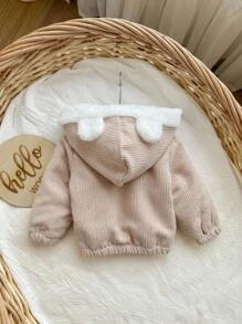 SHEIN Newborn Baby Girl Cute Versatile Pink Corduroy Hooded Jacket, Autumn/Winter Baby Bear Jacket Baby Hooded Cardigan Baby Girl Cute Sweater Jacket Winter Baby Girls Clothes Toddler Winter Jacket Fall