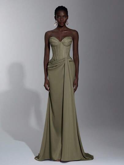 Elitara Elegant Lotus spetsklänning i satin med axelbandslös lappmönster, transparent byst, rynkad midja, kaskadfyllda volanger och fiskbenskant, lämplig för semester, dejt, födelsedagsfest, bröllop, examen, formell gala, alla hjärtans dag