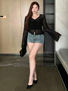 Dazy Plus 女式透视短款系带长袖罩衫 - 黑色 - 查看 3