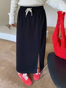 Dazy Plus 松紧腰抽绳系带直筒开衩针织百搭大码女式半身裙秋季半身裙 - 黑色 - 查看 3