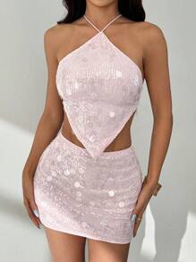 SHEIN PETITE 女式纯色亮片不对称下摆露背上衣和紧身迷你裙两件套 - 粉色 - 查看 2