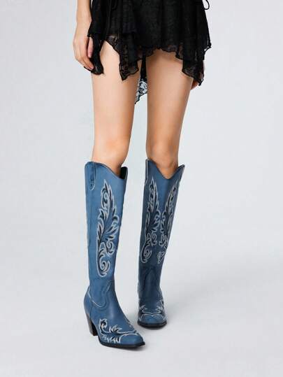 Fairycore Women's Pull-On Cowgirl Boots With Asymmetrical Distressed Details, Embroidery Western Boots, Outdoor Fashion Knee-High Riding Boots