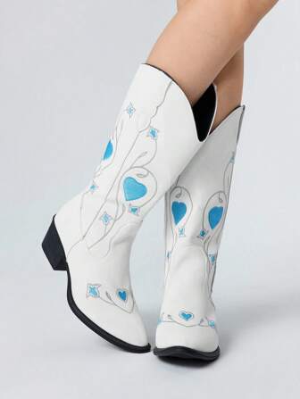 Goth Botas de mujer estilo dark rock, punk, gótico, con bordado de corazón blanco en forma de mariposa y corte en V, de tacón grueso hasta la rodilla para señoras