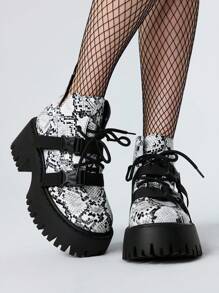 ROMWE Goth Women's Platform Lace-Up Short Boots Black Wedge Heel Boots Punk Dark Snakeskin Pattern Boots, Halloween