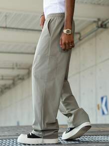 Manfinity Hypemode Pantaloni bărbătești, casual, lejeri, cu picior drept, culoare solidă, buzunare multiple cu talie cu șnur, potriviți pentru purtare în aer liber și zilnică, pantaloni de trening cu picior drept, cadou pentru iubit/soț
