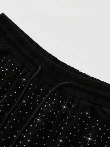 ROMWE MEN Street Life Summer Men's Plaid Rhinestone Embellished Shirt Paired With Black Washed Distressed Rhinestone Embellished Shorts Set