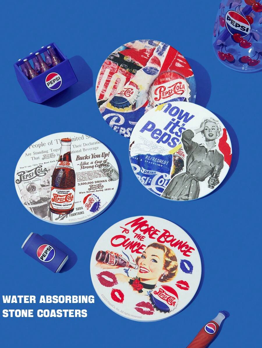 PEPSI X SHEIN Cup Mat 4-Piece Set, Water-Absorbing Beverage Cup Mat, Used To Protect The Desktop, Coffee Table Decoration, Very Suitable For Home Decoration And Moving Gift - Multicolor - View 1