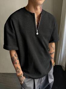 DAZY 男士纯色 1/3 拉链领灰色纹理面料 T 恤，夏季 - 黑色 - 查看 3