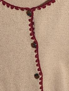 EMERY ROSE Plus Size Women's Contrast Color Knitted Round Neck Embroidered Splice Long Sleeve Casual Cardigan, Autumn/Winter