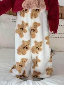 DAZY Young Girl Bear Print Fluffy Pants, Winter Loungewear Thermal Lined - White - View 4
