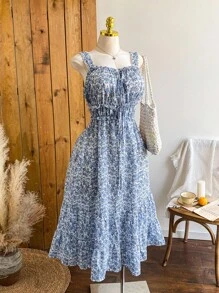 Comfortcana Vestido de talla grande de estilo casual de verano con lazo azul decorativo para vacaciones - Azul - Ver 5