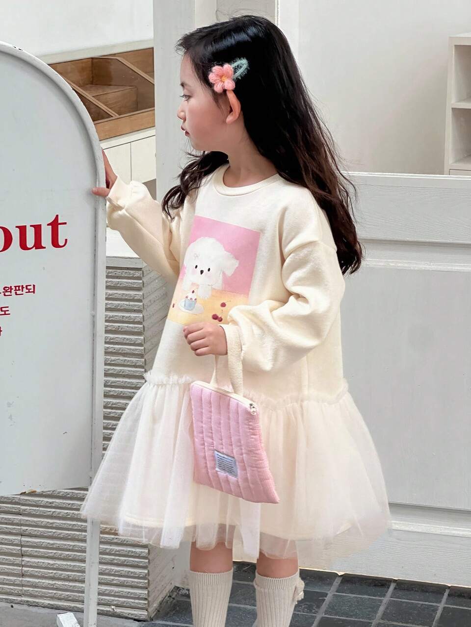 Young Girls Round Neck Knitted Fleece Printed Contrast Mesh Dress, Fall,Winter