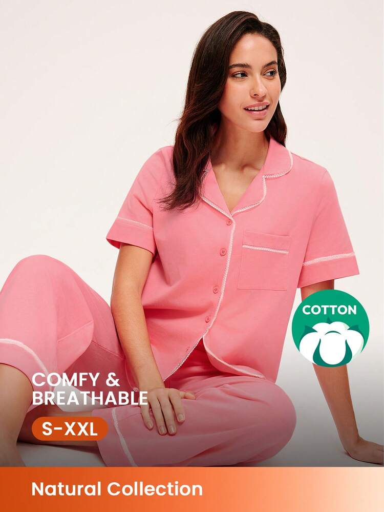 Soft  Pink  Airy 100% Cotton Women Basic Long Pajama Set