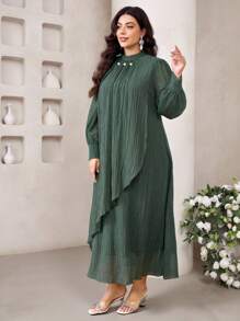 Veilorie Vestido holgado y elegante de manga larga con mangas largas y bajo de unicolor con perlas falsas para mujer de talla grande - Verde Oliva - Ver 4