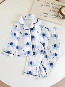 2 件套男婴睡衣套装，针织面料，大象印花，柔软舒适，长袖上衣，领口和袖口撞色，直筒裤，下摆撞色，可爱舒适的睡衣套装 - 藍色 - 查看 4