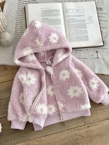 SHEIN 女婴休闲可爱双面花卉羊毛连帽夹克，长袖拉链外套，秋冬 - 粉色 - 查看 1