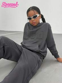 Girls Teen Casual Solid Color Sweatshirt With Embroidered English Word Set - Dark Grey - View 4