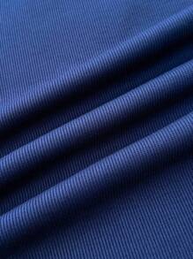 少女蓝白休闲个性撞色领罗纹针织纽扣修身连衣裙，夏季连衣裙，蝴蝶刺绣 - 藏蓝色 - 查看 7