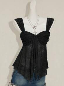 Sweetina Black Lace Sweetheart Tank Top With Wide Straps And Asymmetrical Ruched Hem