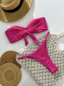 Swim Chiccia Springbreak 女士沙滩装夏季套装，女士纯色提花面料露肩金属装饰性感比基尼套装 - 玫紅色 - 查看 2