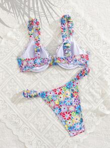 Swim Mod Sexy Ditsy Floral Thick Strap Underwire Push-Up Bikini Set, Summer Vacation - Multicolor - View 5